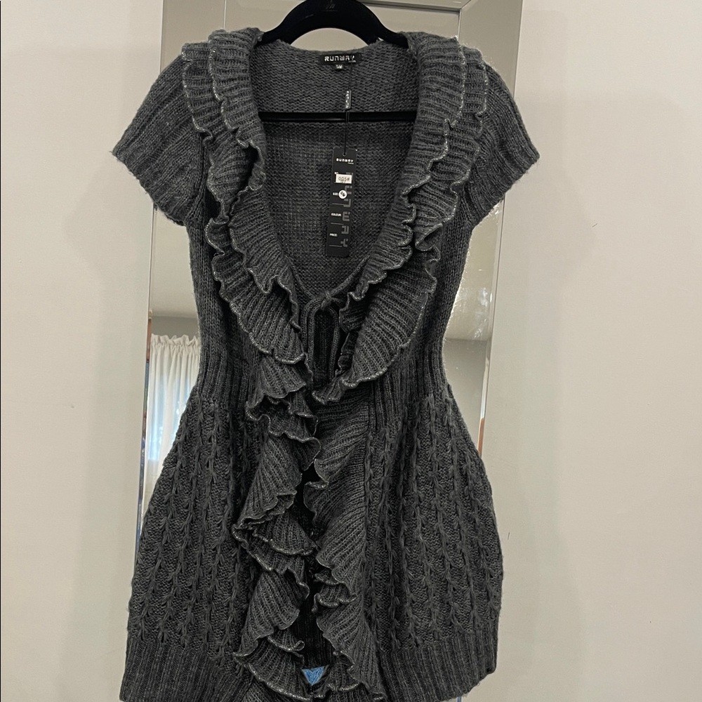 Elegant Dark Gray Ruffled Cardigan by Ann Taylor
